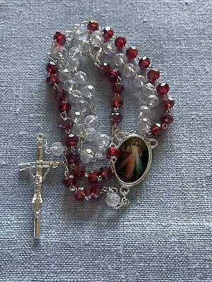 DIVINE MERCY Catholic Rosary-Necklace Red With Clear Glass Beads | Silver Tone • $12.99