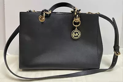 Michael Kors Cynthia Black Saffiano Leather Convertible Crossbody Satchel Bag • $79.95