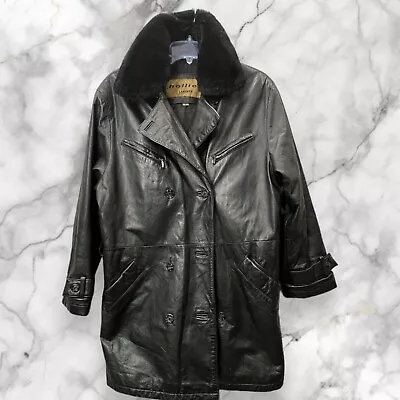 Hollies Black Leather Coat Mens Size Medium Vintage European Faux Fur Neck • $38.35
