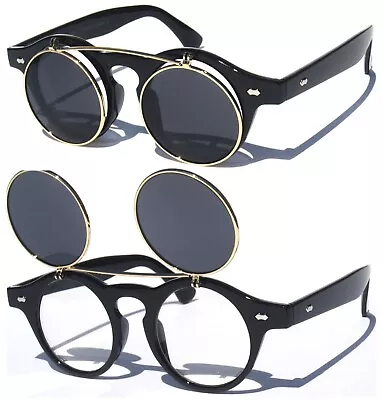 Flip Up Round Steampunk Retro Vintage Style Sunglasses Tinted And Clear Lens • $6.95