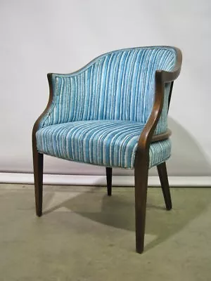 1960's Mid-Century Tub Walnut Tub Chair; Unique Design + Blue White Upholstery • $495