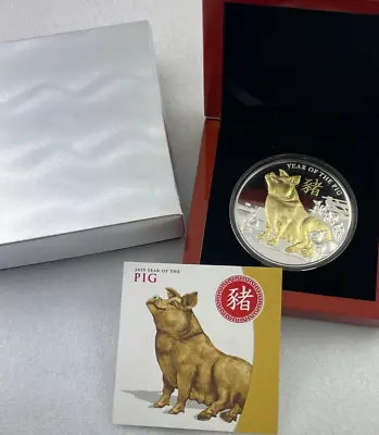 2019 Niue Year Of The Pig 5oz Gilded 99.9% Silver Proof Coin - Excellent! • $575