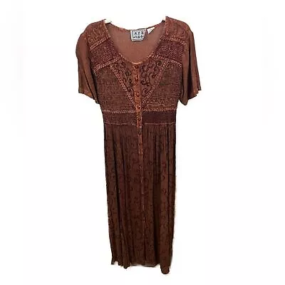 Vintage 90s Cottagecore Brown Embroidered Button Front Midi Dress- Size Medium • $44
