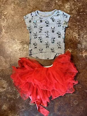 Disney Junior Girl's Toddler Size 2T Minnie Mouse Tutu T-shirt Set Gray Red • $2