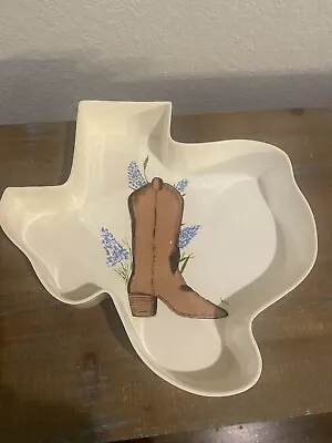 Texas Shaped Pottery Serving Bowl  Boot With Bluebonnets Dish Hand Painted Large • $24.95