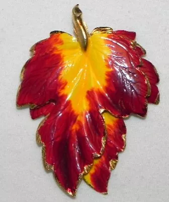 Vintage Vibrant Red Enamel Maple Leaf Brooch Layered Gold Tone Yellow Pin • $8