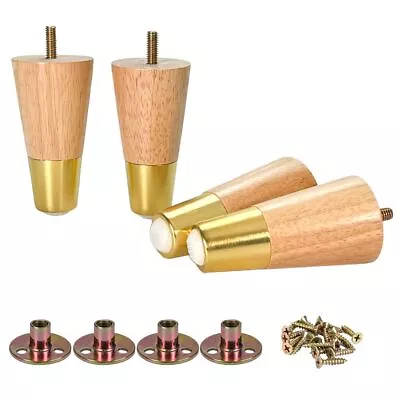 4 Inch Wooden Furniture Legs With Gold Cap Set Of 4 Sofa Replacement Solid Wo... • $26.86