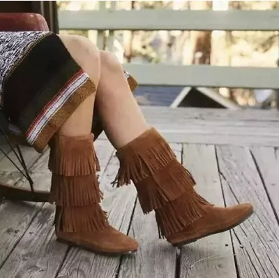 Minnetonka Women Boots 3 Layer Fringe Size 9 1632 Brown Suede Boho • $14.99