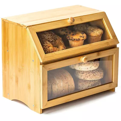 Double Layer Large Bamboo Wooden Bread Box Storage Container For Kitchen Counter • $39.99