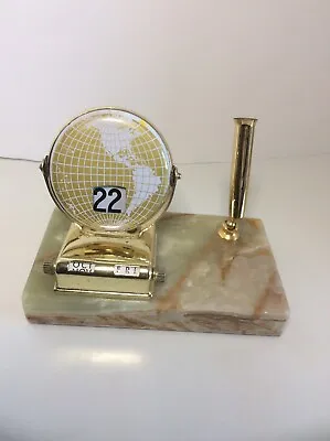 Vintage A Scottco Calendar Gold Globe  Desk Set Onyx Marble Base *Read • $10