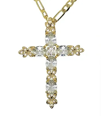 $11.99 • Buy Womens Iced Cross CZ Pendant 20  Figaro Necklace 14k Gold Plated Jewelry 