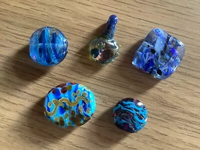 Handcrafted Lampwork  Glass  Focal Beads  X 5 - Blues - Various Shapes/ Sizes • £7.79
