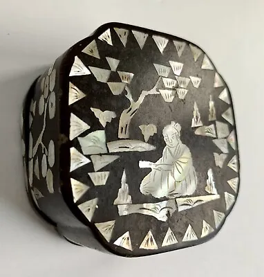 Vintage Asian Black Lacquer Mother Of Pearl Inlay Trinket Box Nature Trees 2.5” • $12