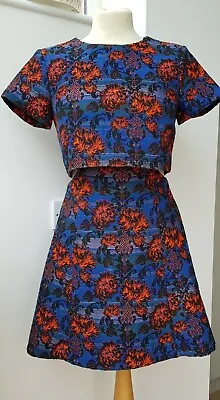 Topshop Dress Tapestry Style Size 8 Blue Black Orange Cut Out Sides Mini • £6.99