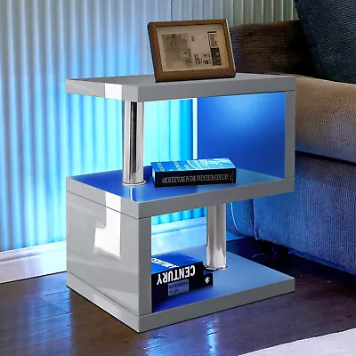 High Gloss Side Coffee Table 2 Tier Bedside End Table With LED Light Living Room • £39.89