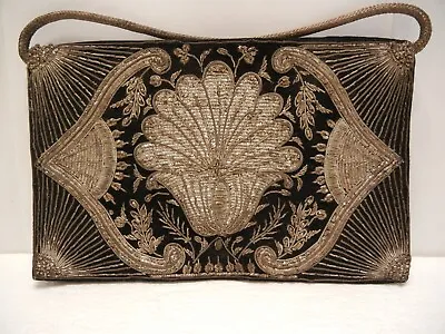 Vtg Evening Bag Clutch Purse Black Velvet Embroidered India Style W Metal Thread • $32