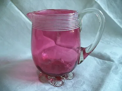 Cranberry Crystal Threaded Glass Cream Pitcher Creamer White Lines Venetian • $40