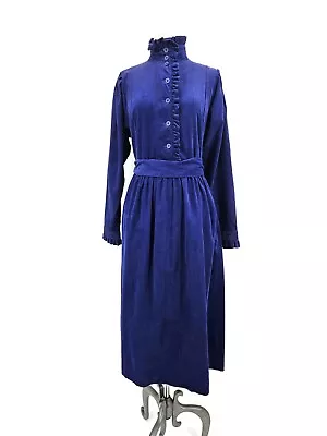 Vtg Laura Ashley Ruffled High Neck Dress Womens 12 Blue Corduroy Cotton • $125