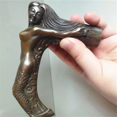 Collect Old Brass Auspicious Hand Carved Mermaid Statue Walking Stick Cane Head • $29.87