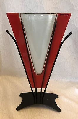 Fused Contemporary Retro Glass Vase-Metal Stand-Ruby Red/Clear Frosted Unbranded • $19