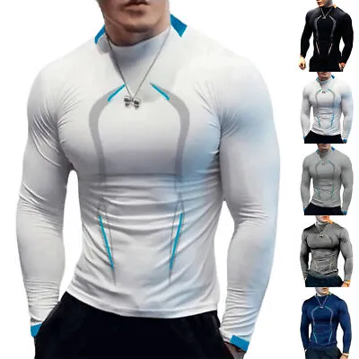 Mens Gym Compression Armour Base Layer Tops Long Sleeve Workout Sports T-Shirts • $19.09