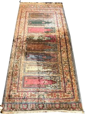 A Vintage 100% Silk Pile Turkish Saph Rug  Short Runner  • $655.60