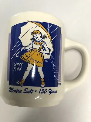 Morton Salt Girl Umbrella 150 Years Coffee Mug 1956 Blue & Yellow Logo • $11.40