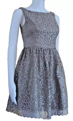 AQUA ~ Taupe Metallic Mesh Cut-Out Back Fit & Flare Party Dress 10 NEW $198 • $19.99