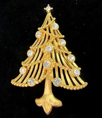 Vintage Gold Tone & Clear Rhinestone Christmas Tree Brooch Pin • $16.99