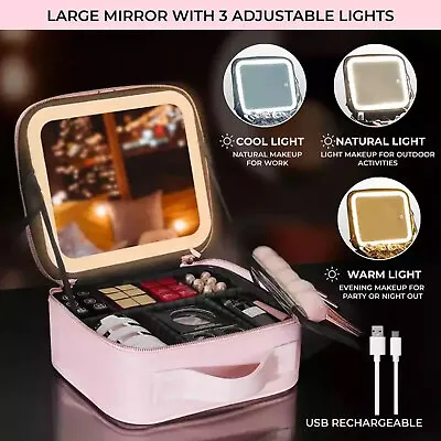 Portable Travel Makeup Bag Cosmetic Box Case Organizer With Light Up Led Mirror • £29.99