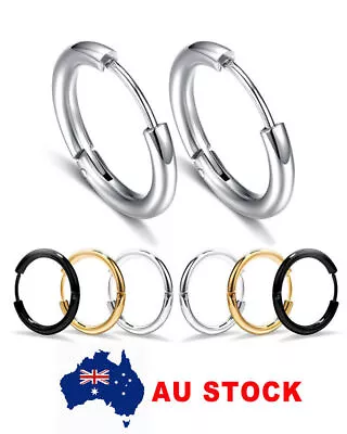 $4.59 • Buy 2PC Multi-Sizes UNISEX MENS WOMENS STAINLESS STEEL HOOP HUGGIE SLEEPER EARRINGS