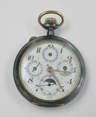 Antique Segunda Mano Swiss Made Calendar Moon Phase Pocket Watch ~ Free Shipping • $699.99