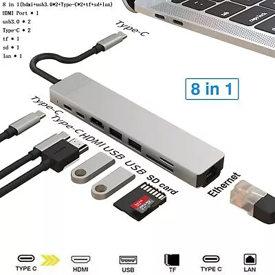 $35.50 • Buy 8 In 1 USB-C HUB Type-C USB Multi 3.0 4K HDMI RJ45 Ethernet Micro SD Dock