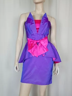 Vtg 80s Peaked Peplum Prom Party Dress Purple Pink XS • $83.79