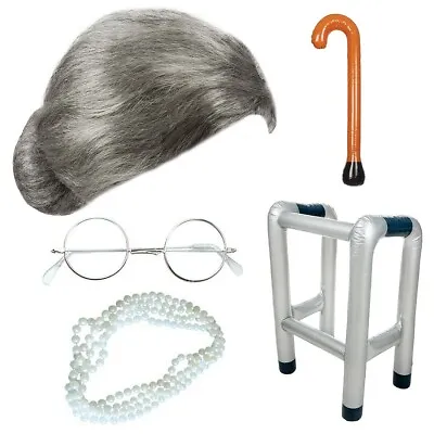 Granny Old Lady Fancy Dress Grey Old Lady Wig Zimmer Frame Walking Stick Pearls • £3.49