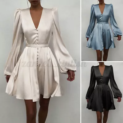 $19.85 • Buy Womens Gothic Lolita Silky Party Dress Puff Sleeve V Neck Cocktail Mini Dress AU