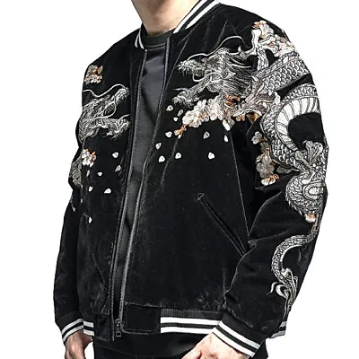Mens Souvenir Varsity Jacket Japanese Pattern Embroidery Dragon Velvet Sukajan • £130.80