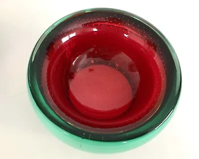   Murano Art Glass Mid Century Bullicante Bowl Green Red Dish Ashtray Italy • $40