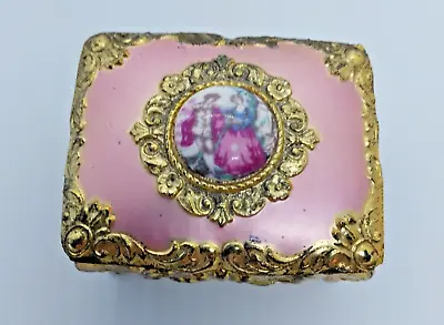 Vintage Victorian Enamel & Porcelain Cameo Brass Metal Trinket Jewelry Box • $14.99