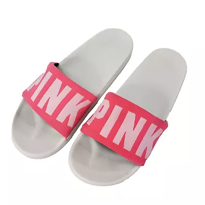 Pink By Victoria Secret Flip Flop Sandals Sz 10 Slip On Spellout Logo Pink White • $29.77