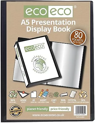 Eco-eco A5 80 Pocket Presentation Display Book 50% Recycled Black Filing X 2 • £12.99