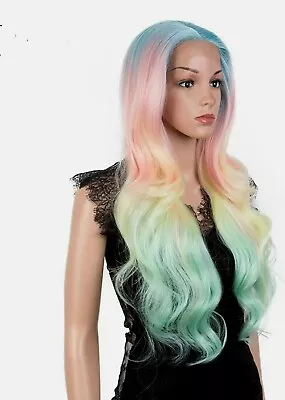 13x4 Lace Front Wig  HD Transparent Rainbow Multicolor Human Hair Blend Mermaid • $250