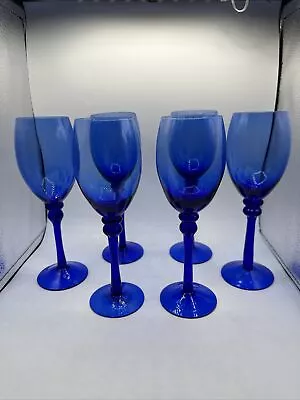 Set Of 6  Vintage Deep Cobalt Blue Wine Glasses 7 5/8” Tall 10 Ounces • $29.95