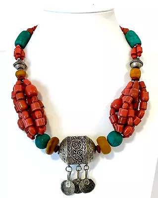 Vintage Moroccan Tuareg Statement Necklace Berber Coral Bead Silver Coin • $19.99