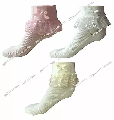 Girls Frilly Lace Socks Christening Wedding Ivory/Cream Pink White 000 - 4-6 NEW • £2.45