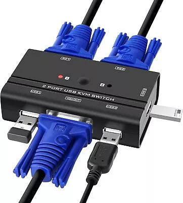 VGA USB KVM Switch 2 Port VGA KVM Switcher Selector With Cables For 2PC Sharing • £25