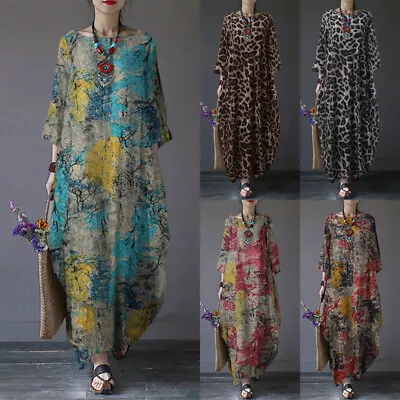 ZANZEA Womens Long Dress Leopard Printed Casual Loose Baggy Kaftan Maxi Dresses • £10.90