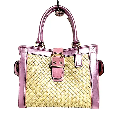 COACH Straw Boxy Tote Bag 4419 Metallic Pink Leather AUTHENTIC With Extras - EXC • $54