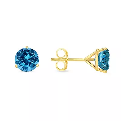 3.50 Ct Round Cut Blue Earrings Studs Solid 14K Yellow Gold Push Back Martini • $274.96