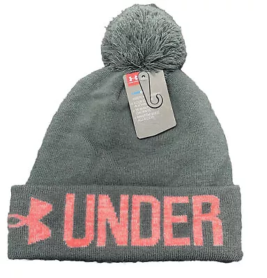 Under Armour UA Gray Pink Logo Pom Pom Top Winter Beanie Hat New Fast Ship • $26.39